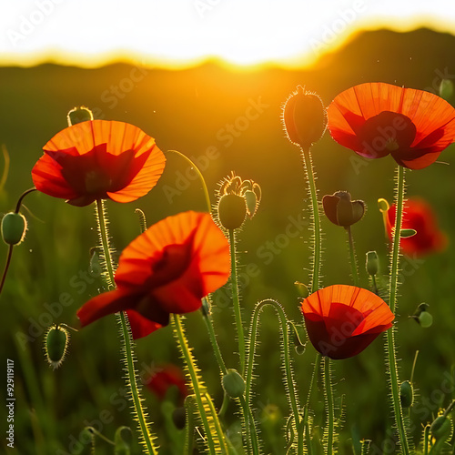 Red poppies growing in a green field. Flowers, spring photo