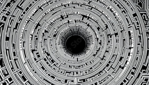monochrome labyrinth intricate line work dense pattern central void representing clarity amidst chaos