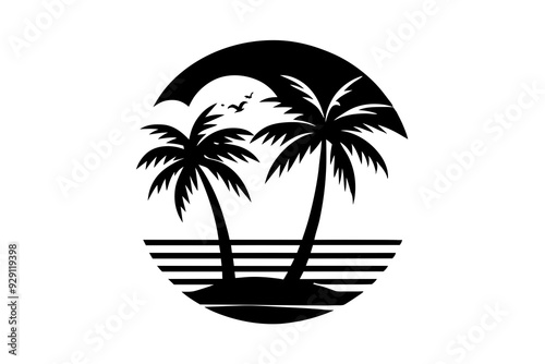 Beach with black palms tree silhouette and sunset vector art illustration photo