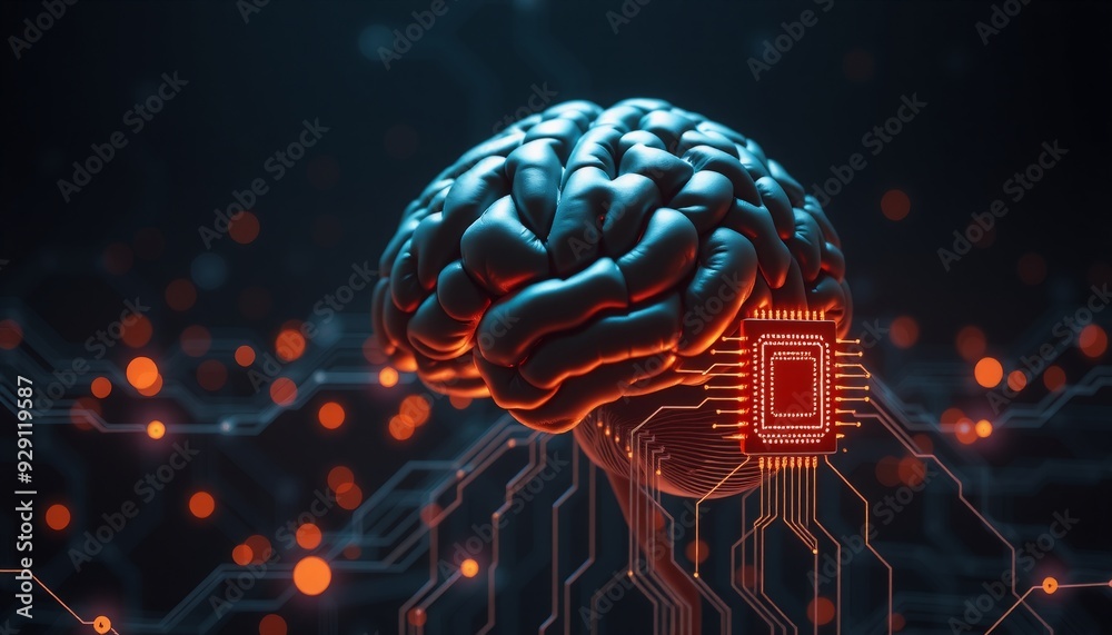 Fototapeta premium human brain and cpu chip connected neural network concept of artificial intelligence dark background