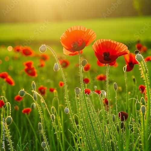 Red poppies growing in a green field. Flowers, spring photo