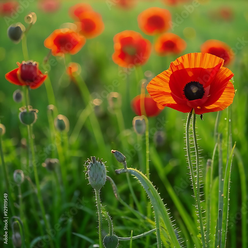 Red poppies growing in a green field. Flowers, spring photo