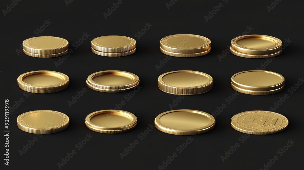 Realistic 3D golden coins in various views. Blank yellow brass or gold, symbolizing payment, investment, and finance. Isolated vector set with glossy rotating currency animation. Realistic 3D golden coins in various views. Blank yellow brass or gold, symbolizing payment, investment, and finance. Isolated vector set with glossy rotating currency animation.