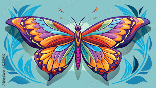 A minimalistic image of a colorful butterfly with detailed wings and soft shadows in the background