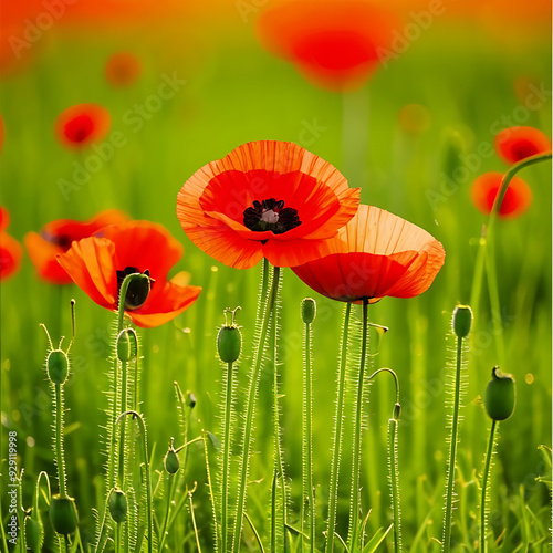 Red poppies growing in a green field. Flowers, spring photo