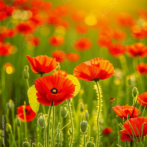 Red poppies growing in a green field. Flowers, spring photo