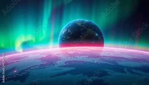 Fototapeta Naklejka Na Ścianę i Meble -  Planet earth with data streams forming a vibrant colorful aurora borealis