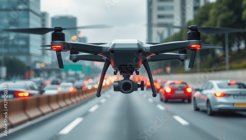 drone following futuristic car city highway back view ai sensors traffic data