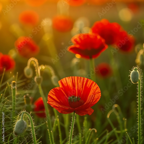 Red poppies growing in a green field. Flowers, spring photo