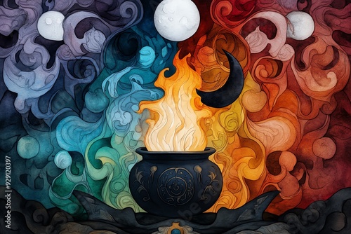 A black cauldron sits amidst swirling colors and flames, with celestial bodies and a crescent moon overhead. photo