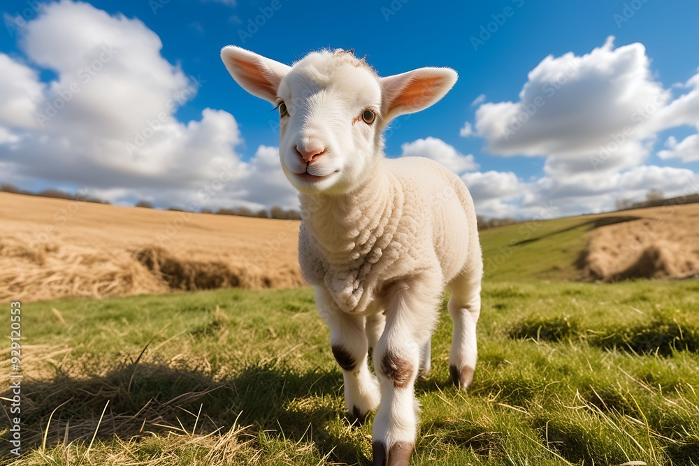 Fototapeta premium A cute baby lamb frolicking in a sun-drenched field, with fluffy fur and sparkling eyes against a blue sky with fluffy white clouds.
