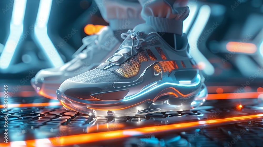 Fototapeta premium Close-up of a sneakered foot on a treadmill, with glowing digital elements suggesting fitness tracking, running, and technology integration in exercise