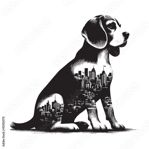 silhouette of Beagle, filled with cityline in rough drawing,
