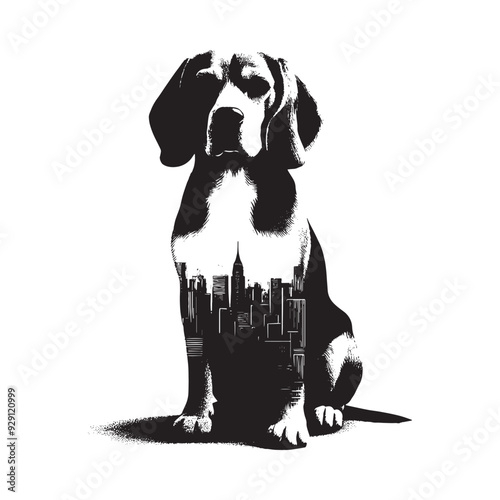 silhouette of Beagle, filled with cityline in rough drawing,