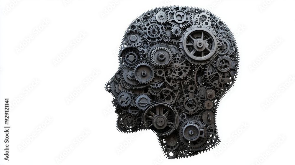 Technological gears are placed in an empty human head shape, isolated against a white background. Technological gears are placed in an empty human head shape, isolated against a white background.