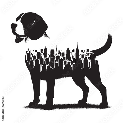 silhouette of Beagle, filled with cityline in rough drawing,