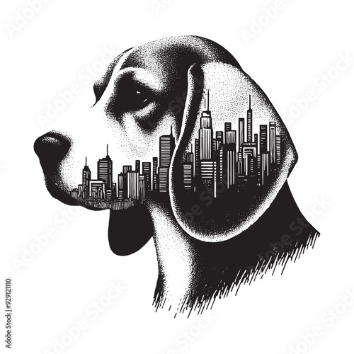 silhouette of Beagle, filled with cityline in rough drawing,