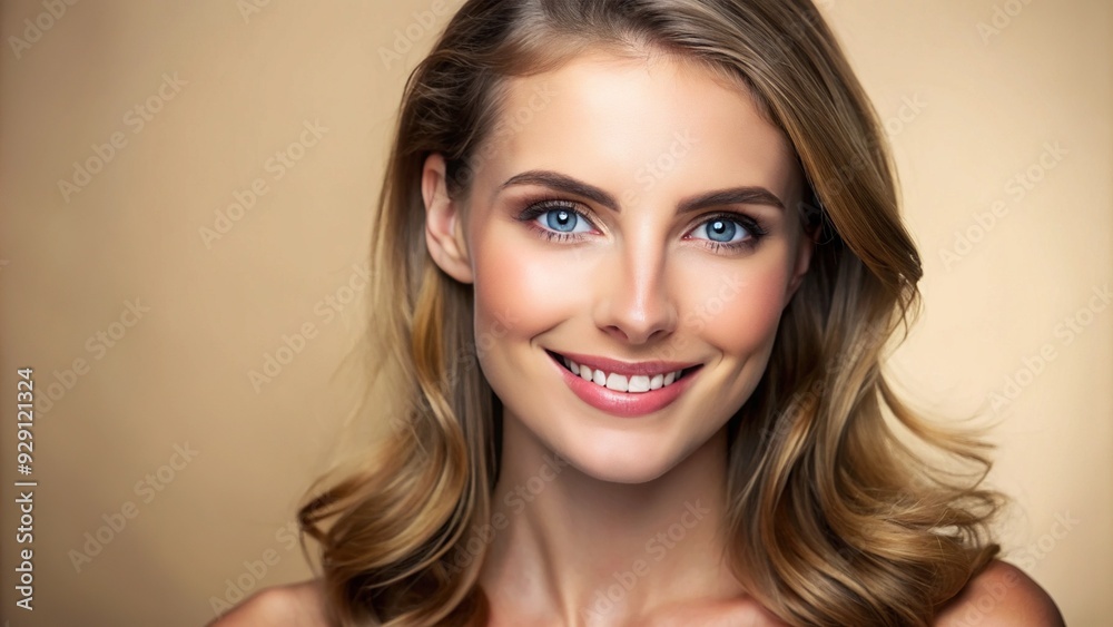 Smiling woman with bright eyes and dewy skin poses against a soft, creamy background, exuding confidence and approachability in a professional, high-quality portrait.