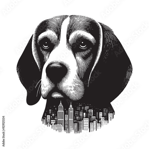 silhouette of Beagle, filled with cityline in rough drawing,