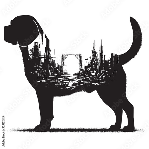 silhouette of Beagle, filled with destroyed futuristic dystopia environment in rough drawing,