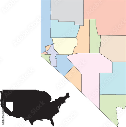 Colorful editable vector map of Nevada, showing the boundaries of its counties.