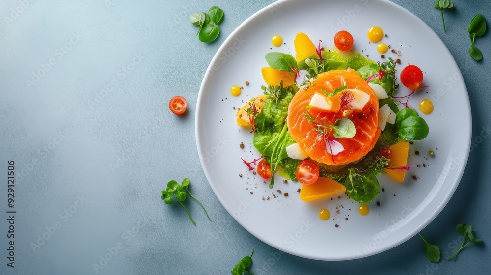 Vibrant salad with fresh vegetables and colorful garnishes, beautifully presented on a white plate against a soft background. Vibrant salad with fresh vegetables and colorful garnishes, beautifully presented on a white plate against a soft background.