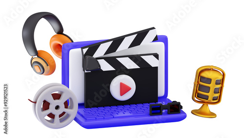 3d Online cinema movie concept or podcast Computer, microphone, headphones, popcorn, firecracker