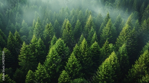 Aerial view of a dense evergreen forest with morning mist. AI generated images.