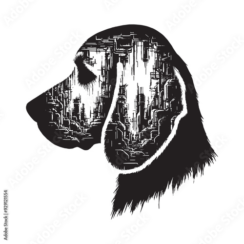 silhouette of Beagle, filled with destroyed futuristic dystopia environment in rough drawing,