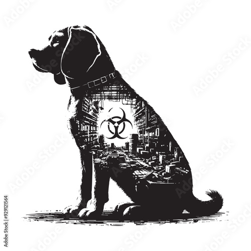 silhouette of Beagle, filled with destroyed futuristic dystopia environment in rough drawing,