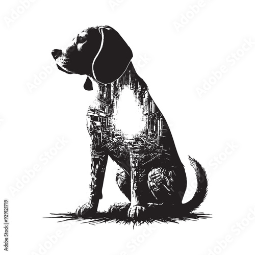 silhouette of Beagle, filled with destroyed futuristic dystopia environment in rough drawing,