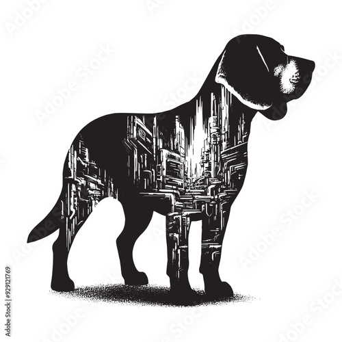 silhouette of Beagle, filled with destroyed futuristic dystopia environment in rough drawing,