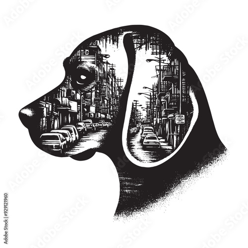 silhouette of Beagle, filled with ghetto street in rough drawing,