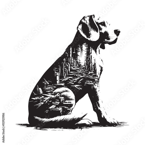 silhouette of Beagle, filled with destroyed futuristic dystopia environment in rough drawing,