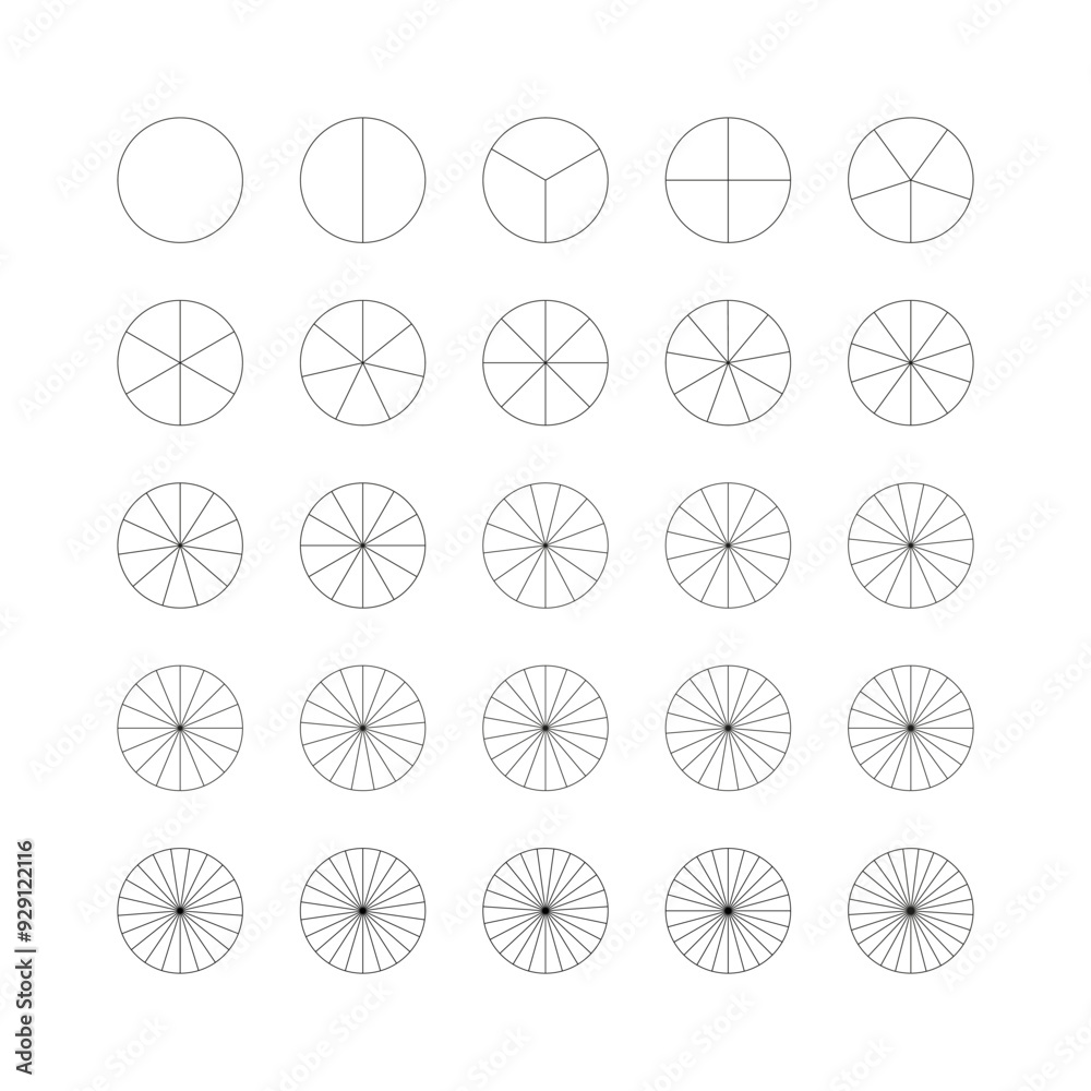Pie chart template. Segmented pizza charts. Many number of sectors divide the circle on equal parts. Outline black graphics. Segments infographic. Diagram wheel parts. Pie chart template. Segmented pizza charts. Many number of sectors divide the circle on equal parts. Outline black graphics. Segments infographic. Diagram wheel parts.