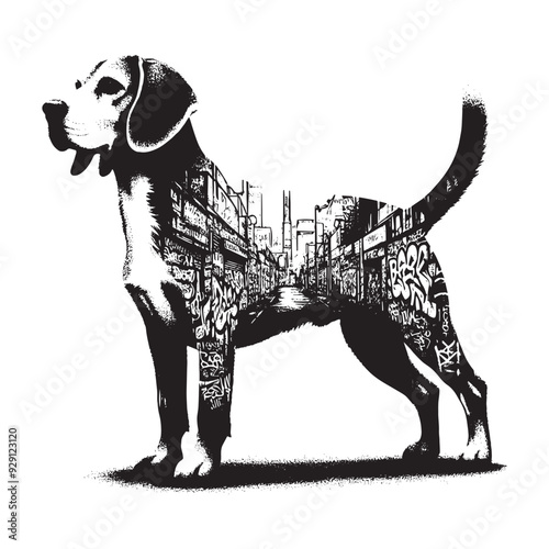 silhouette of Beagle, filled with graffiti street wall in rough drawing,