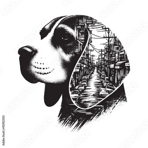 silhouette of Beagle, filled with ghetto street in rough drawing,