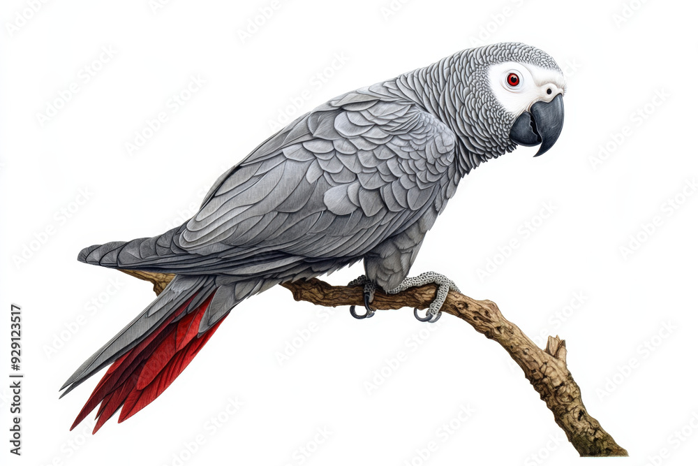 Fototapeta premium Detailed illustration of an african grey parrot perched on a branch, showcasing its distinctive gray plumage and red tail feathers