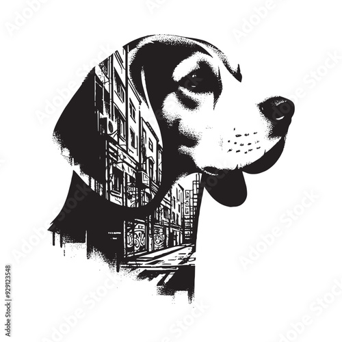 silhouette of Beagle, filled with graffiti street wall in rough drawing,
