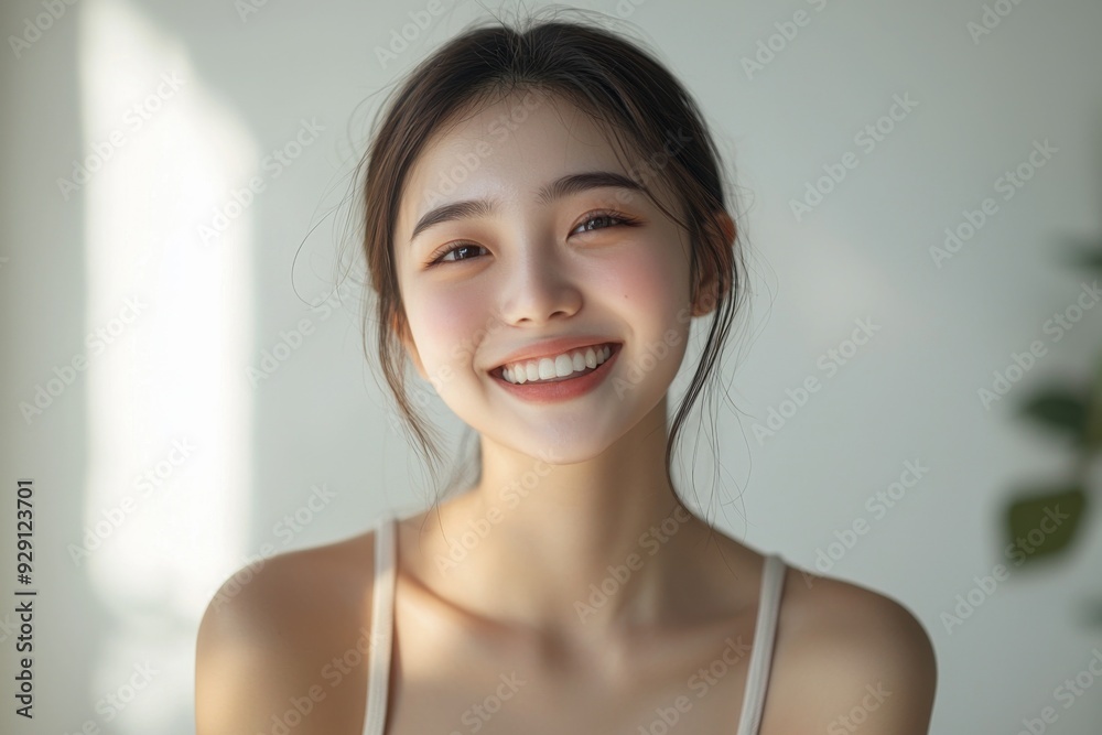 Beautiful young Asian woman smiling and happy created with Generative AI Beautiful young Asian woman smiling and happy created with Generative AI