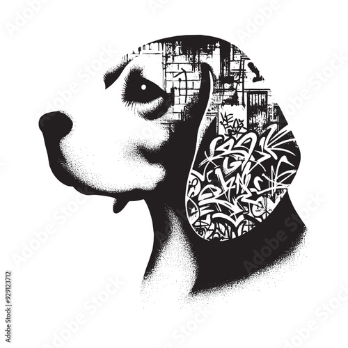 silhouette of Beagle, filled with graffiti street wall in rough drawing,