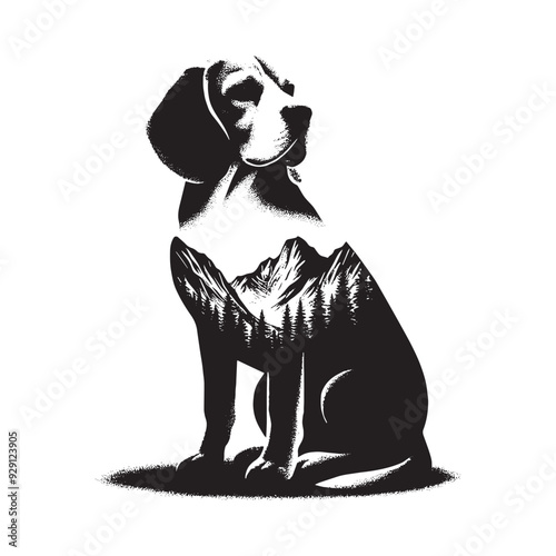 silhouette of Beagle, filled with mountain and nature view in rough drawing,