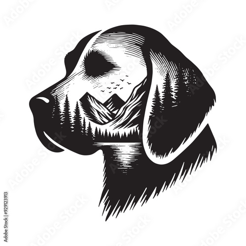 silhouette of Beagle, filled with mountain and nature view in rough drawing,