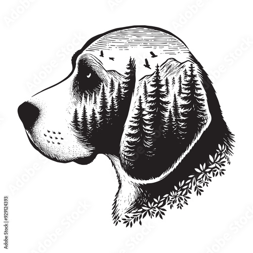 silhouette of Beagle, filled with nature view in rough drawing,