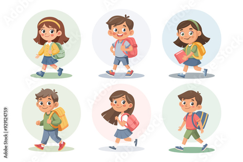 Cute schoolgirls and schoolboys with school backpack going to school. Set of pupils characters. Flat style illustration