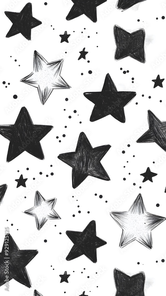Black Stars on White Background, Abstract Image, Texture, Pattern, Wallpaper, Cover and Screen of Smartphone, Cell Phone, Computer, Laptop, 9:16 and 16:9 Format