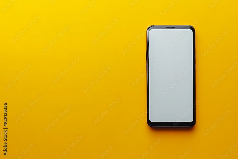A modern smartphone with a sleek black frame and a blank white screen is displayed against a vibrant yellow background. The phone is centered and viewed from above, emphasizing its minimalist design A modern smartphone with a sleek black frame and a blank white screen is displayed against a vibrant yellow background. The phone is centered and viewed from above, emphasizing its minimalist design