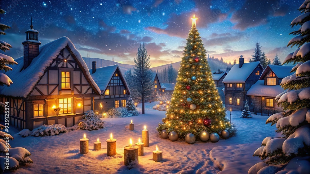 Snowflakes gently fall on a serene winter village scene at dusk, with candlelit windows and a majestic Christmas tree illuminating the magical atmosphere. Snowflakes gently fall on a serene winter village scene at dusk, with candlelit windows and a majestic Christmas tree illuminating the magical atmosphere.