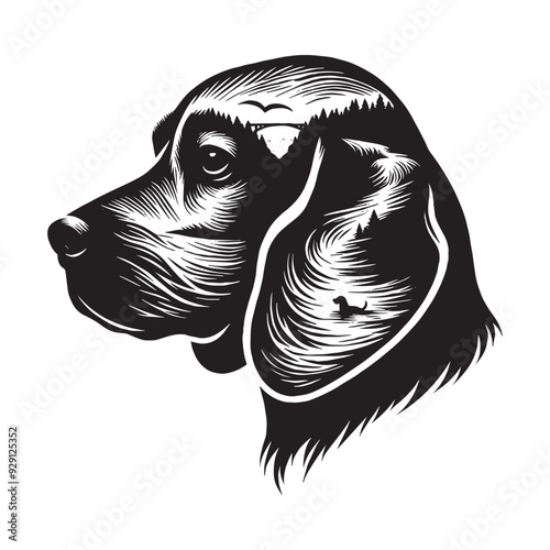 silhouette of Beagle, filled with river view in rough drawing,