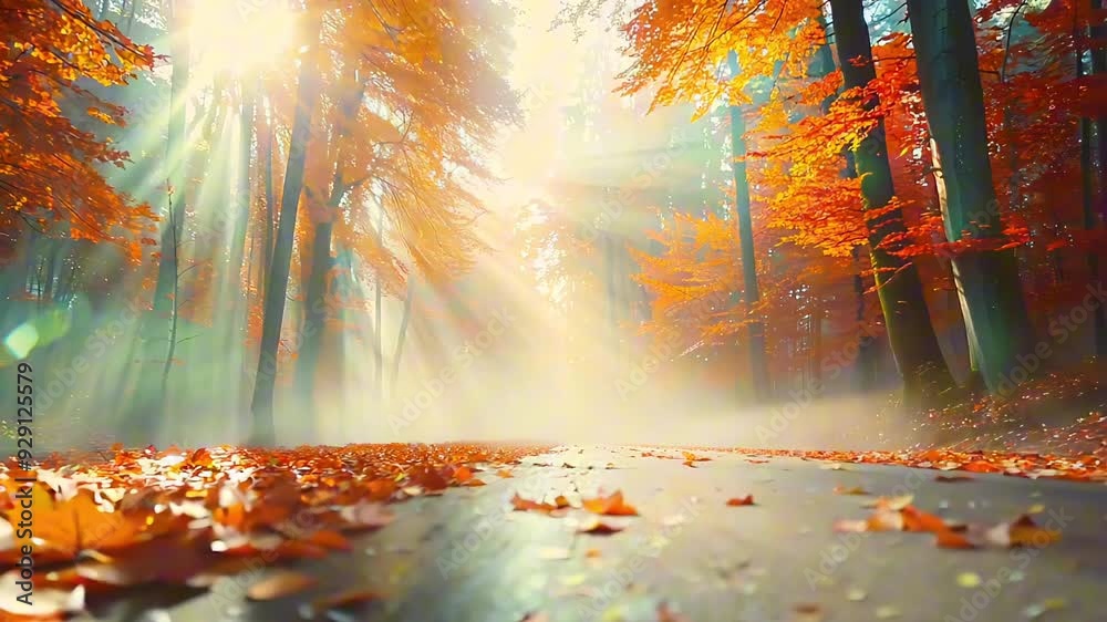 Golden Autumn Forest Path with Sun Rays Filtering Through Trees Stock ...
